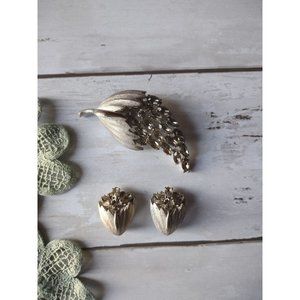 Vintage RSK Faux Smokey Topaz Rhinestone Brooch, Clip On Earrings